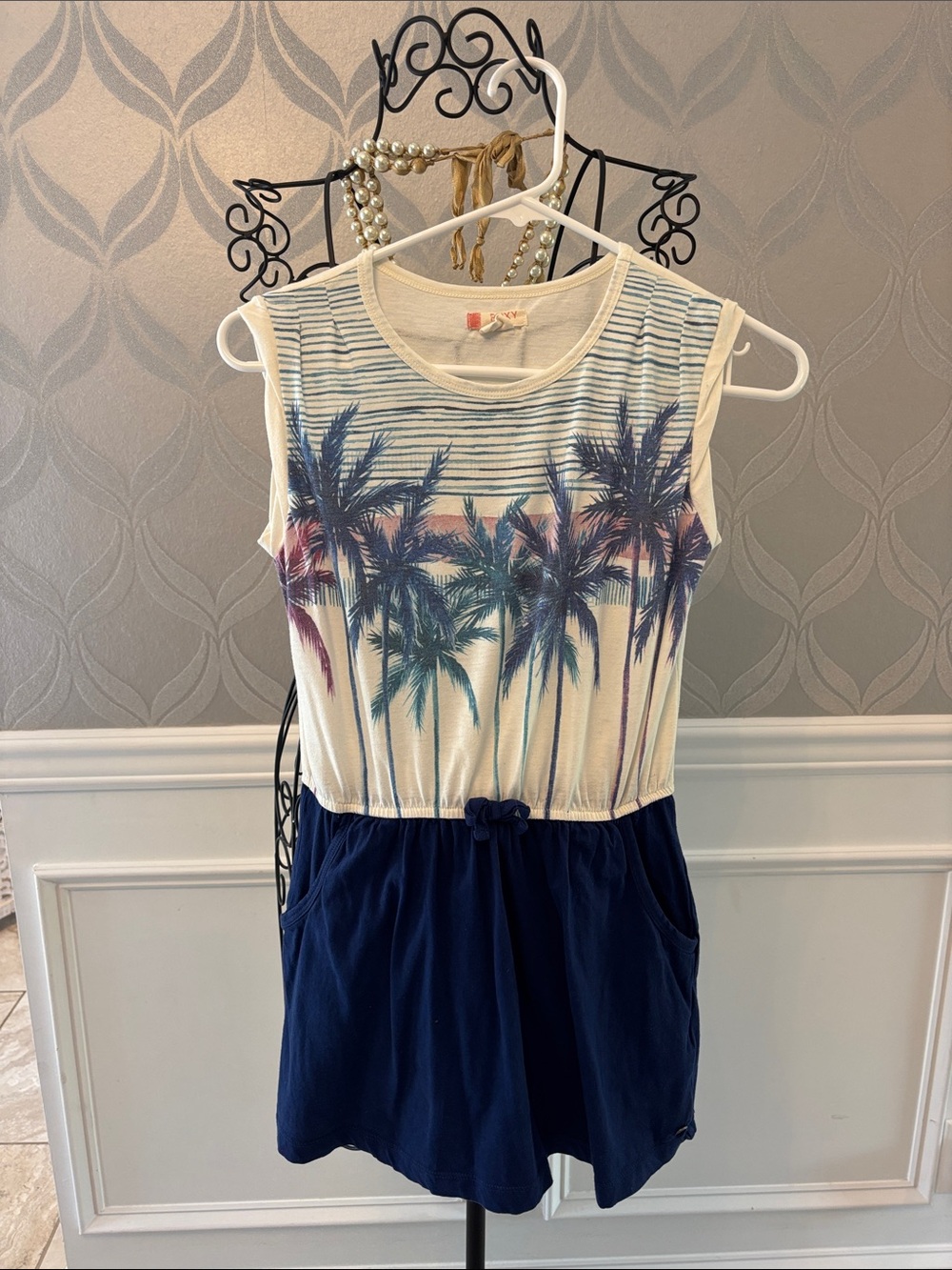 Roxy Navy and Cream Palm-Print Girls Romper